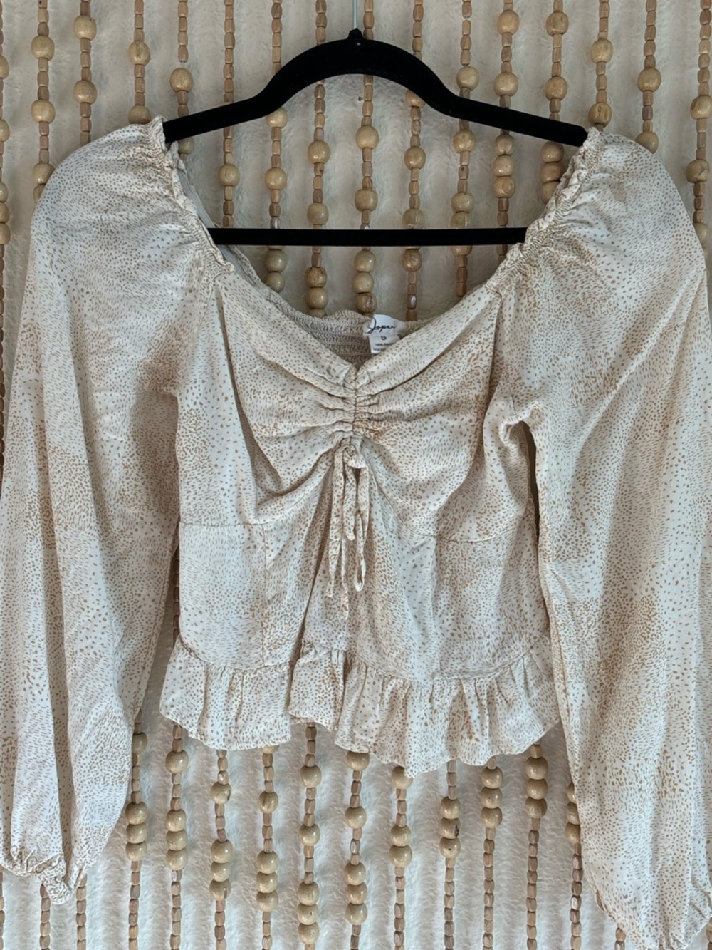 Japna Puff Sleeve Smocked Peasant Cream Tan Boho Dotted Cinched Ruffle Hem Top